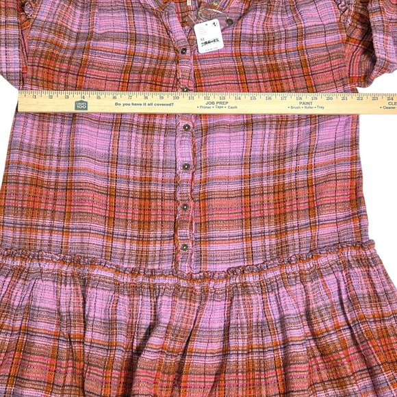 Free people Alexa plaid mini dress button front pink orange medium NWT - Picture 7 of 13